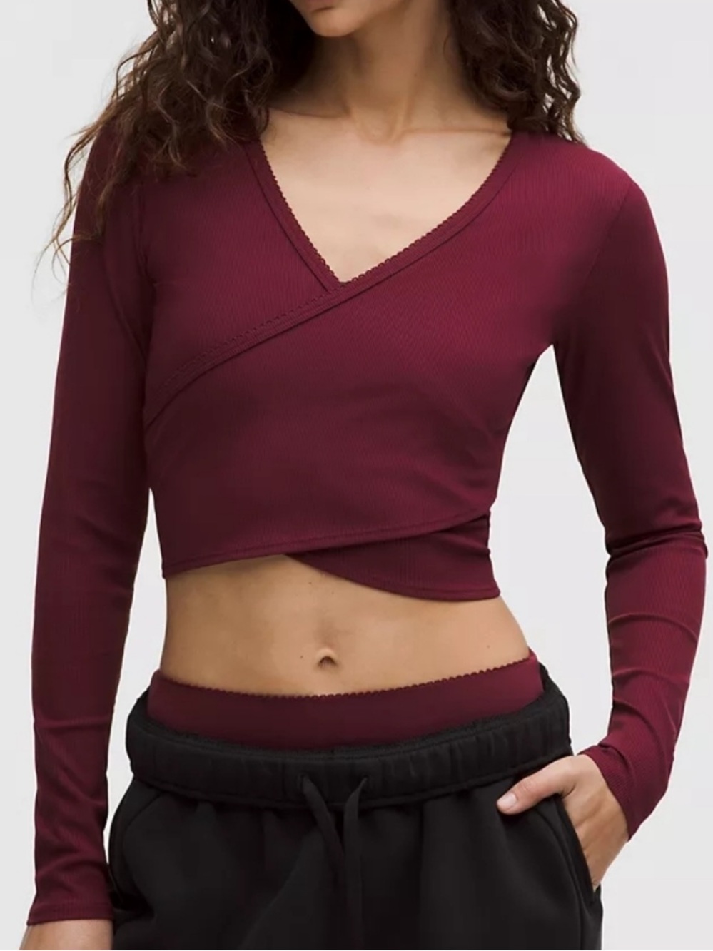 NWT lululemon burgundy bay heart long sleeve wrap top size XXS